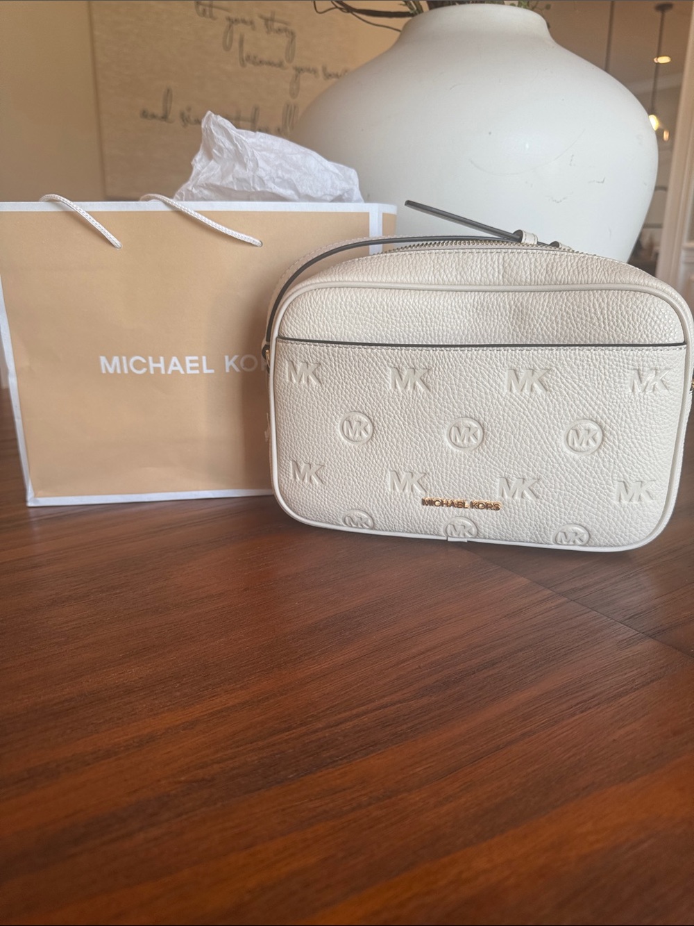 Michael Kors Cream Embossed MK Crossbody Camera Bag